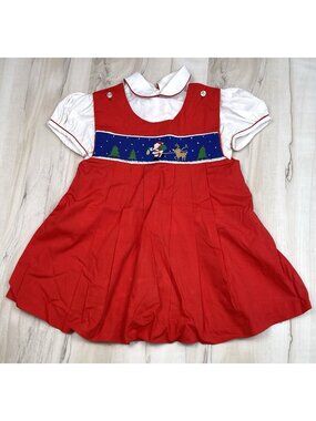 VTG HOUSE OF HATTEN Kids 18M Red Smocked Santa Christmas JUMPER w/ Shirt